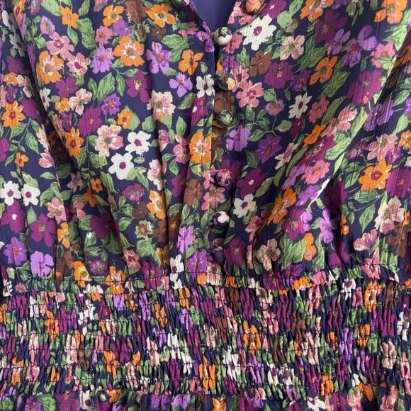 Aqua Multicolor Floral Long Sleeve Ruffled Mini Smocked Dress Exclusive Small - Picture 8 of 11